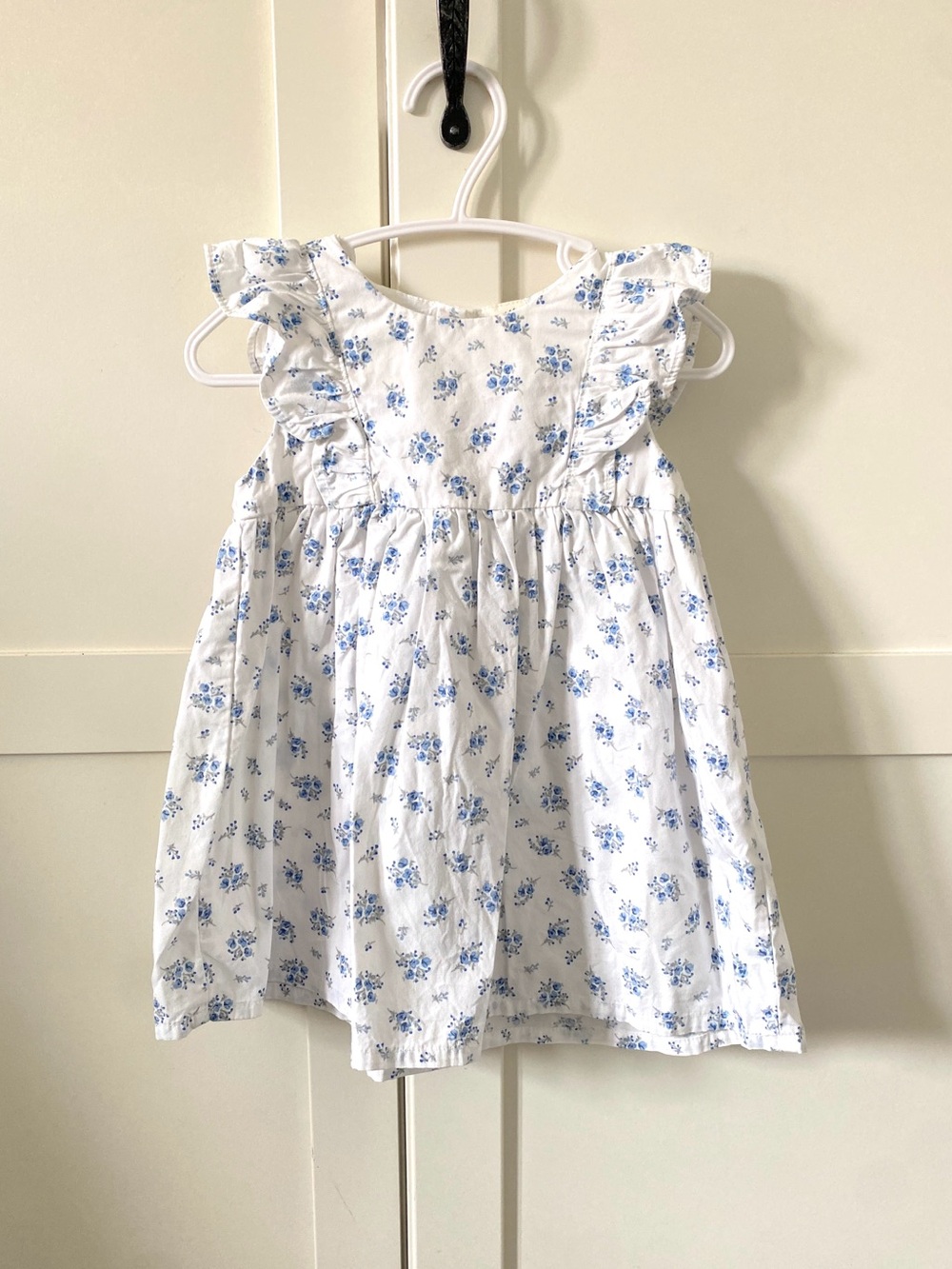 H&M Girls White & Blue Floral Ruffle Cotton Dress | 9–12M